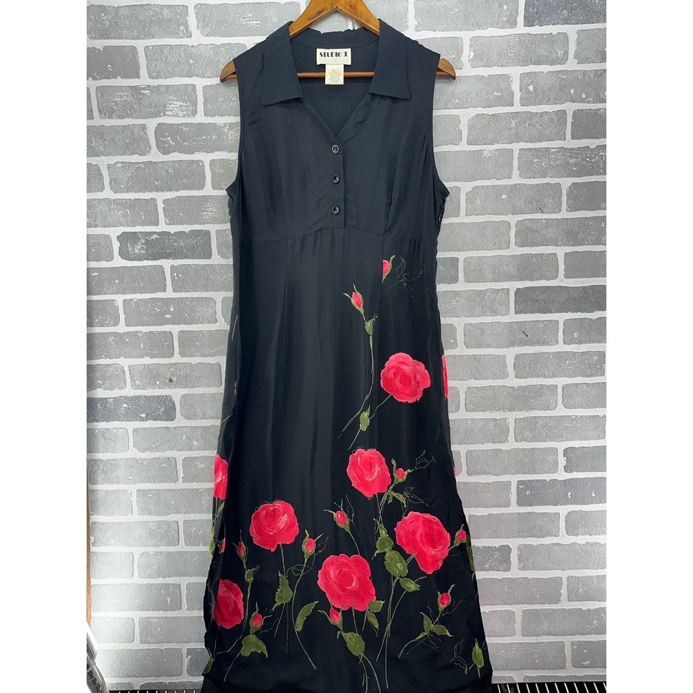 Studio I Vintage Black Red Rose Floral Sleeveless Maxi Dress Size 14 Made in USA